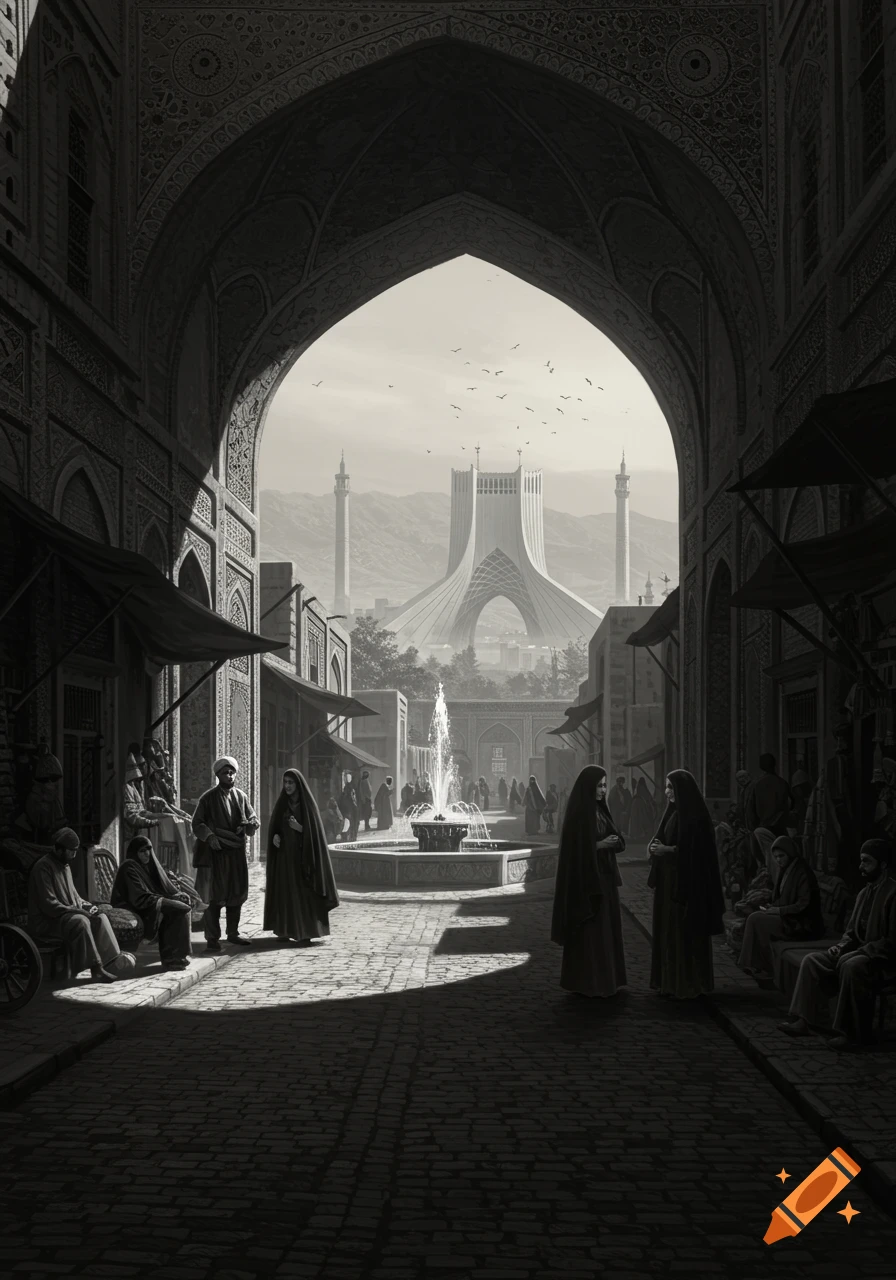 Black and white view through an ornate archway of an old Iranian market street with people, leading to the Azadi Tower.