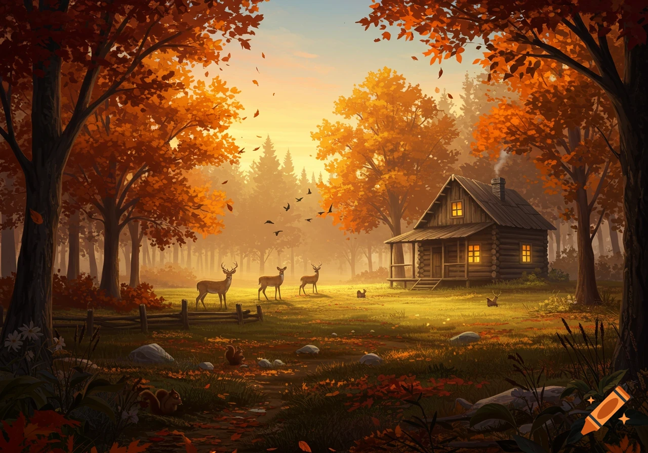 A vibrant illustration of a cozy log cabin in an autumn forest clearing at sunset, with deer and squirrels.