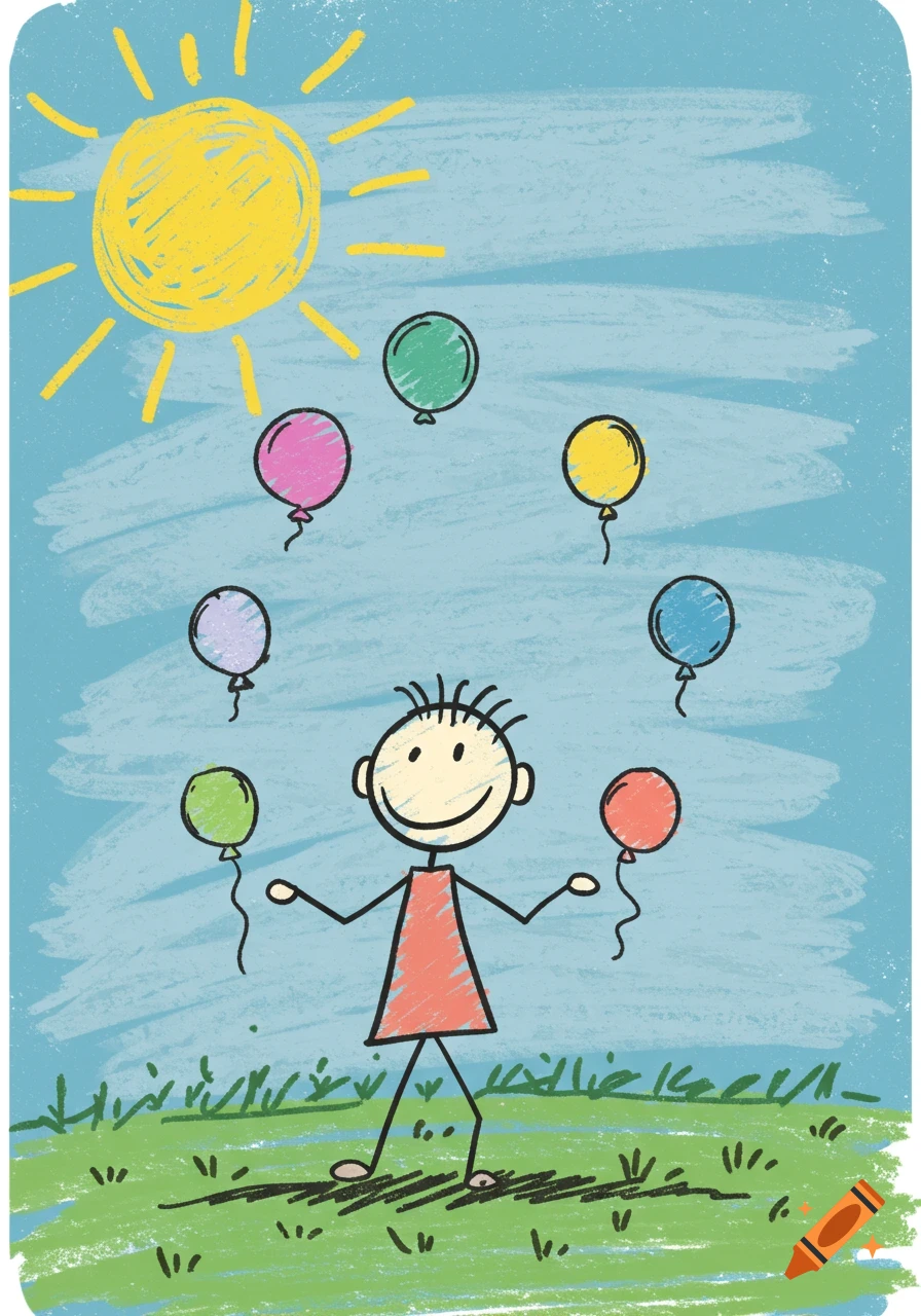 Crayon-style drawing of a stick figure child juggling colorful balloons under a yellow sun, with green grass.