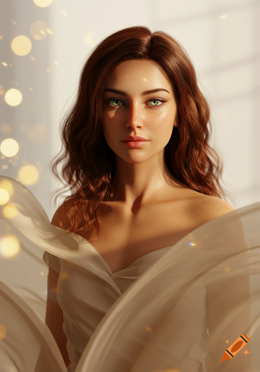 Photorealistic portrait of a woman with long brown hair, green eyes, and a light-colored dress, surrounded by soft bokeh lights.