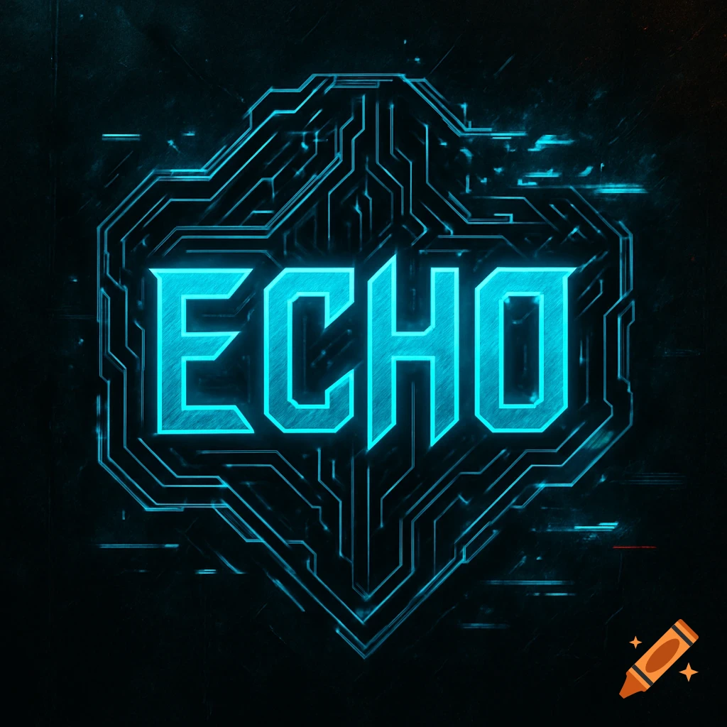 A cyberpunk-style logo with the word "ECHO" in glowing blue, framed by a hexagonal circuit board pattern on a dark background.