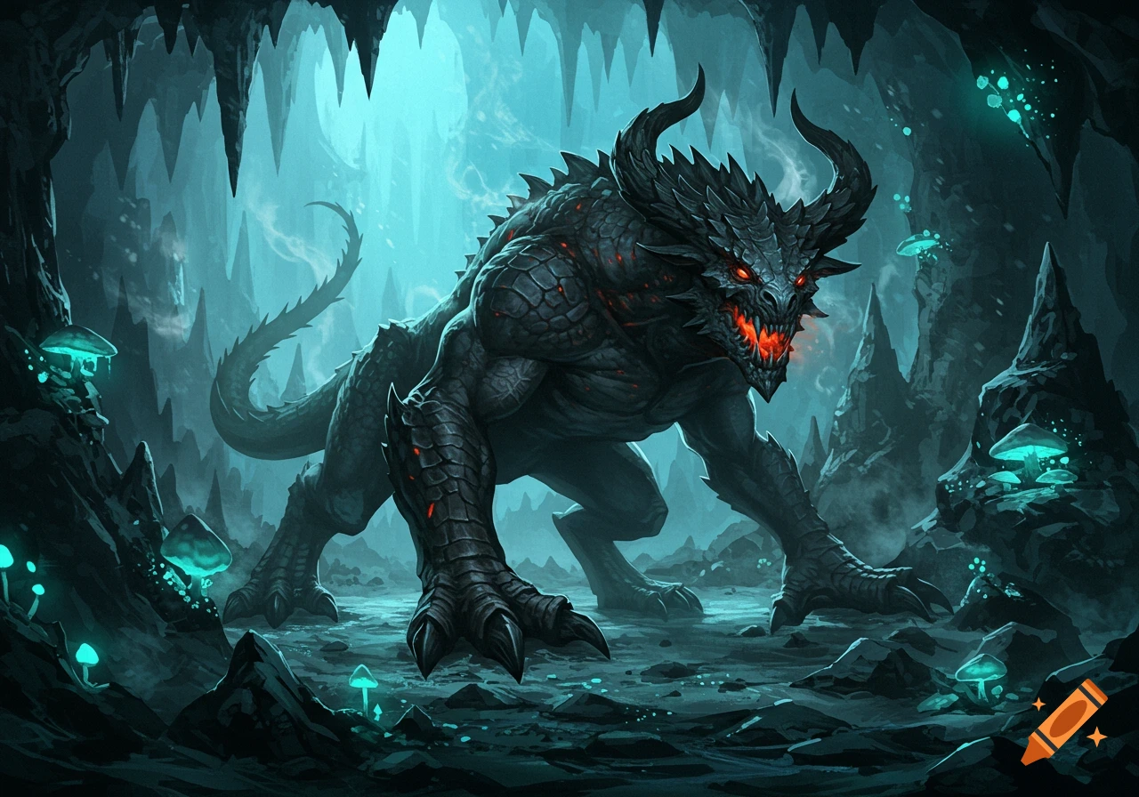 A fierce, dark fantasy monster with glowing red eyes and mouth in a mystical blue-green cave filled with luminescent mushrooms.