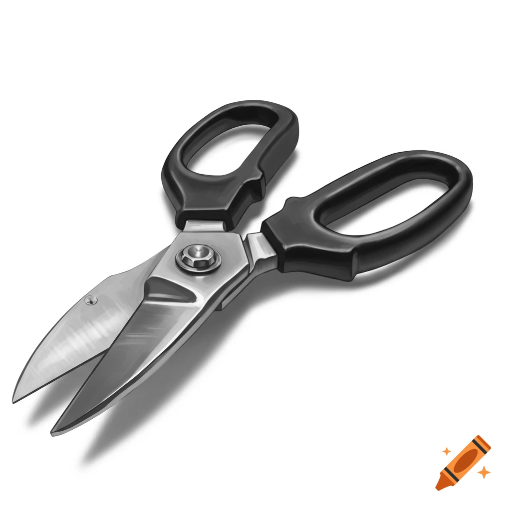 An angled view of a pair of large, heavy-duty metal scissors with black handles, casting a shadow on a white background.