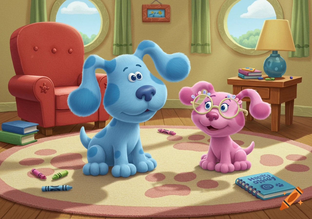 A blue cartoon puppy and a pink cartoon puppy with glasses sit on a paw print rug in a colorful living room.