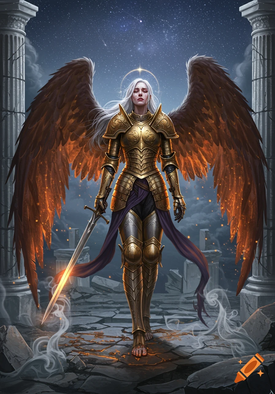 A majestic fallen angel in golden armor with large dark wings, holding a glowing sword, stands on broken ground under a starry sky.