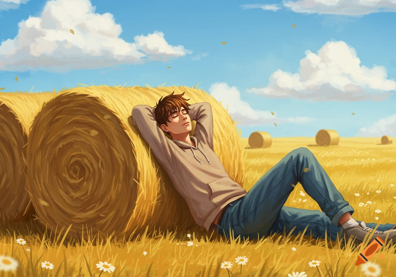 Illustrated young man relaxes against a hay bale in a sunny golden field under a blue sky.