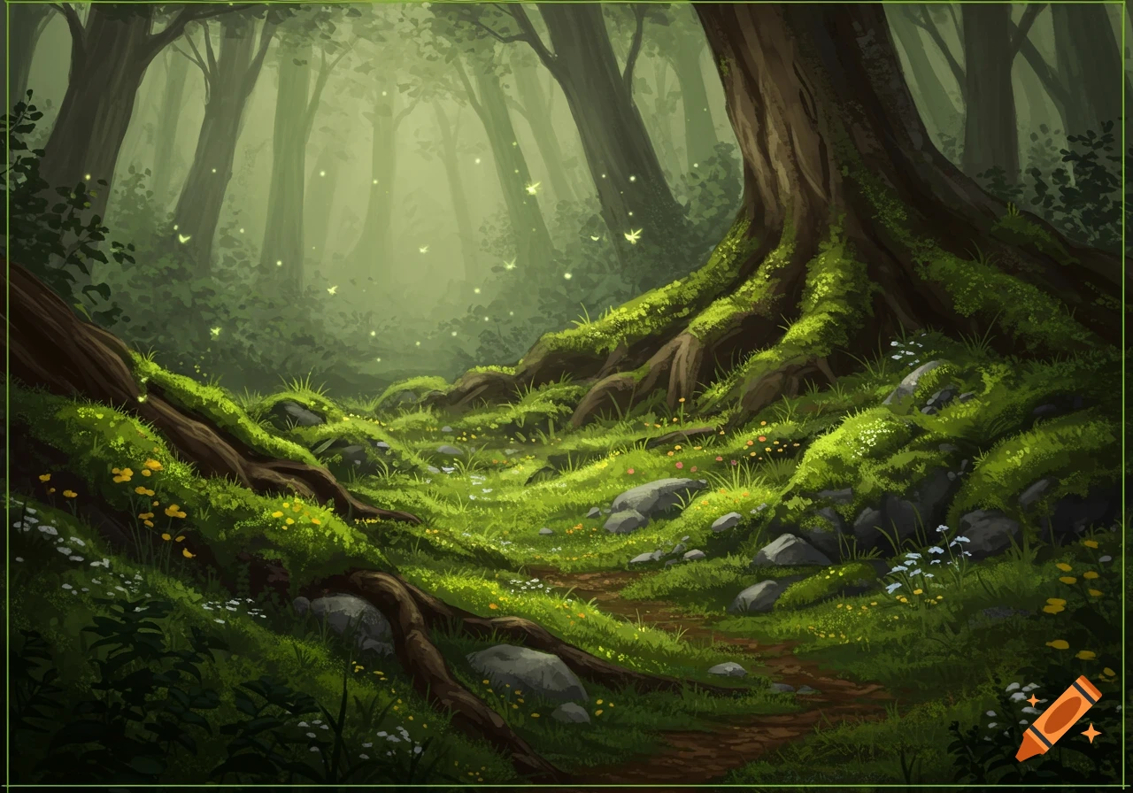 Enchanted forest with moss-covered trees, glowing fireflies, and a dirt path, in a digital painting style.
