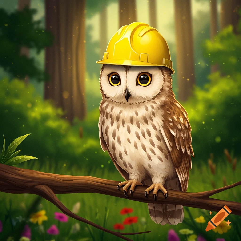 A cartoon owl wearing a yellow hard hat perches on a branch in a vibrant forest.