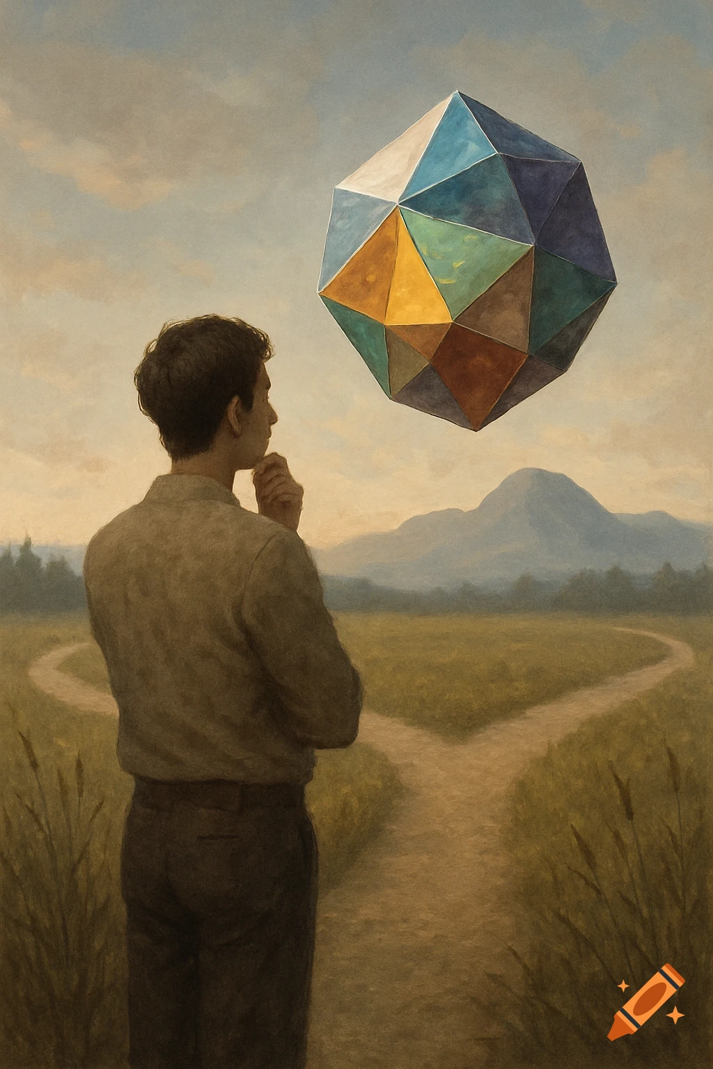 A man stands at a fork in a dirt path, looking up at a floating, colorful geometric object against a cloudy sky with distant mountains, painted.