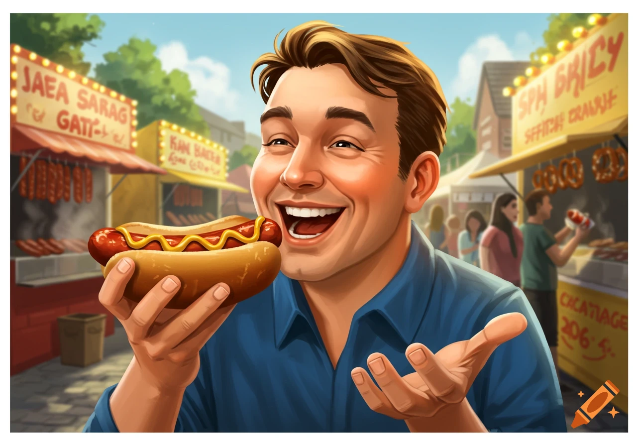 A smiling man in a blue shirt holds a hot dog with mustard, ready to take a bite, at a bustling outdoor food market.