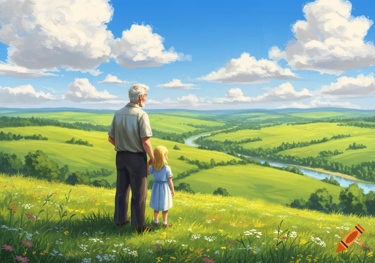 An old man and a small child stand on a grassy hill, looking out at a winding river through a lush green valley under a blue sky with white clouds.