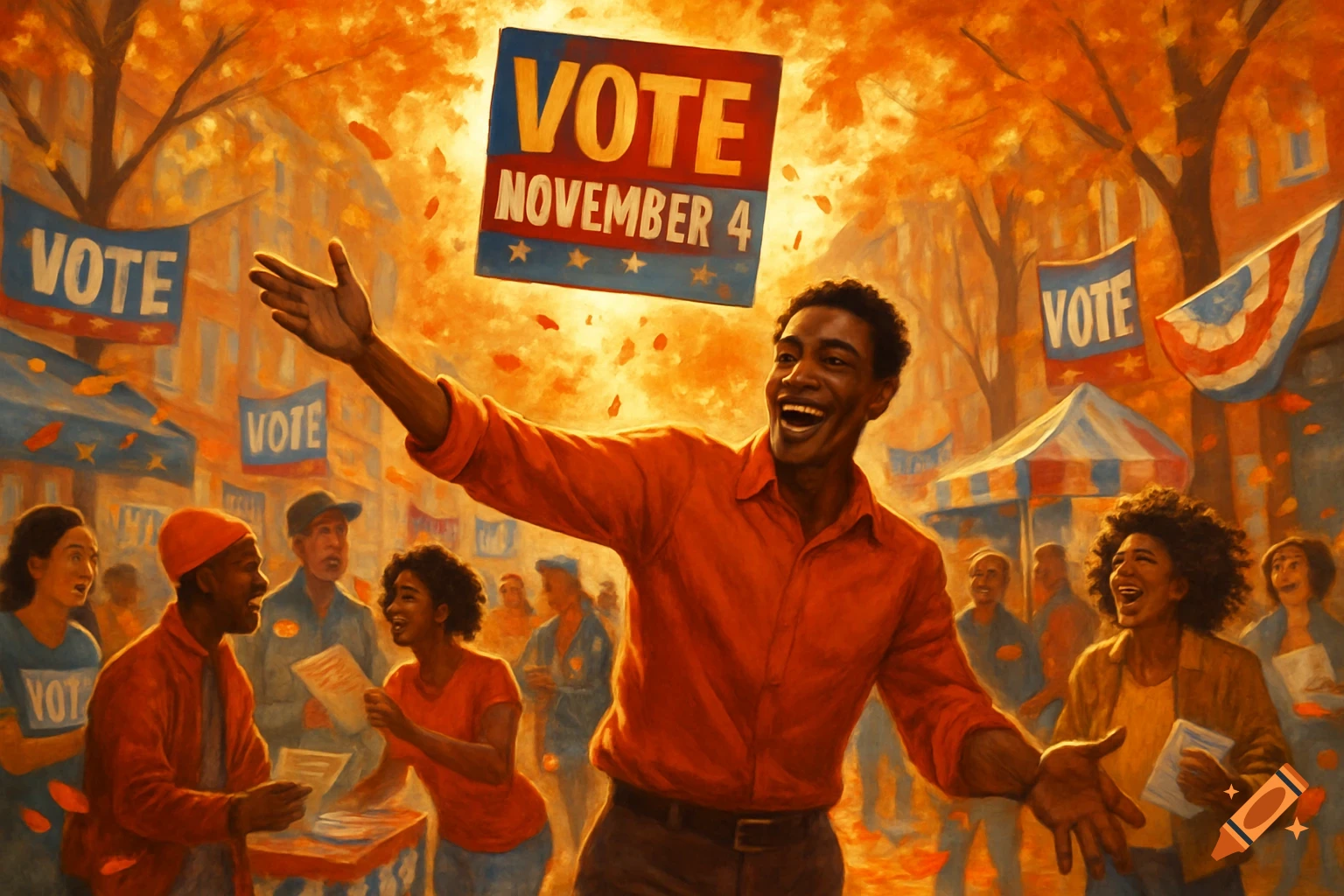 An oil painting of a diverse crowd at a political rally with a man in an orange shirt cheering under a 'Vote November 4' sign.