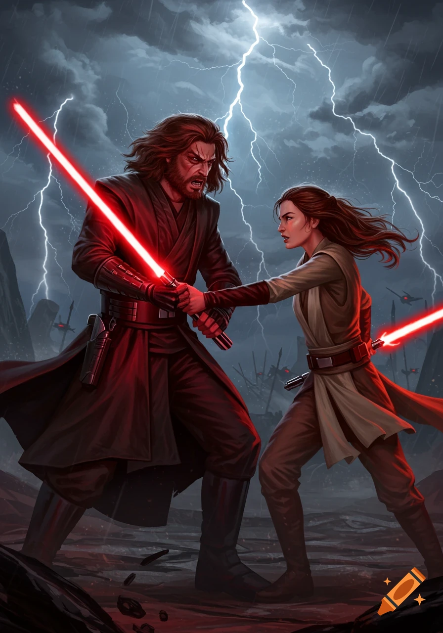 A bearded man in black Sith robes wields a red lightsaber, clashing with a woman in Jedi attire holding a red lightsaber, under a stormy, lightning-filled sky.