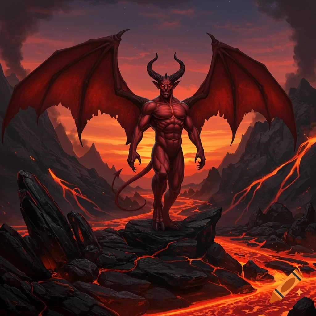 A red-skinned, horned, muscular devil with large red wings stands on a rock in a volcanic landscape with flowing lava.