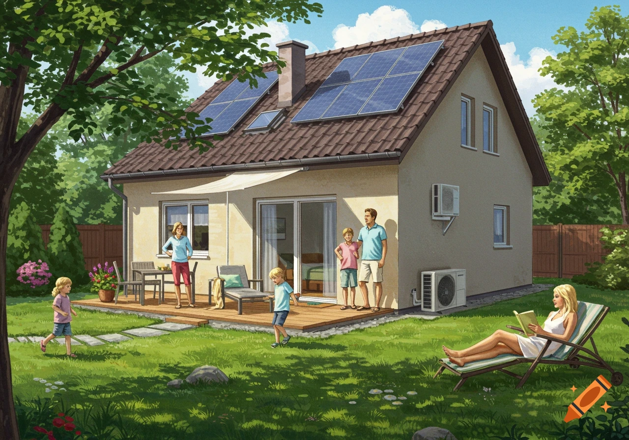 Illustration of a family relaxing in a sunny garden with a house, solar panels, and a heat pump.