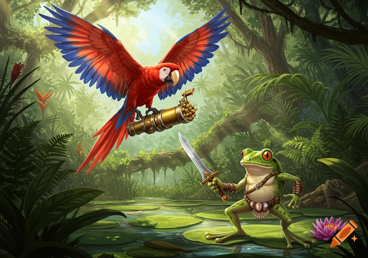 A red and blue macaw flying with a steampunk-style weapon fights a green frog holding a sword in a vibrant jungle swamp.