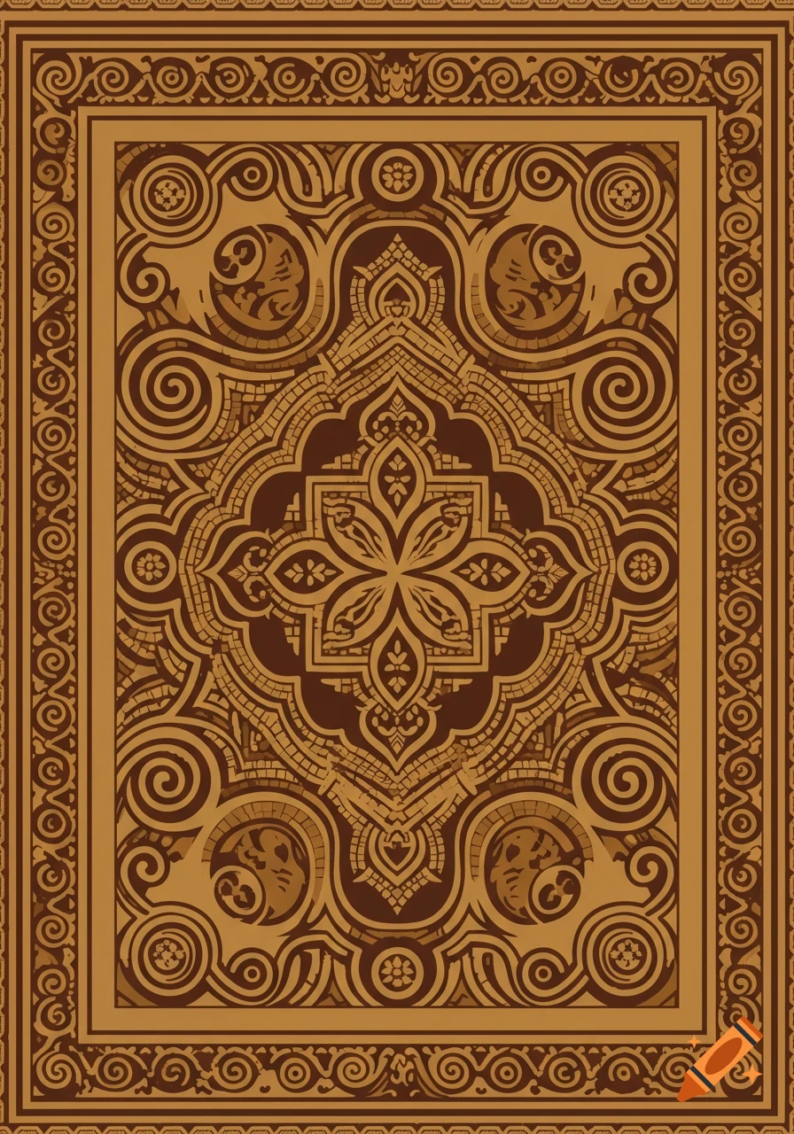 Intricate, symmetrical Roman-style mosaic pattern in shades of brown and gold, featuring geometric and floral motifs.