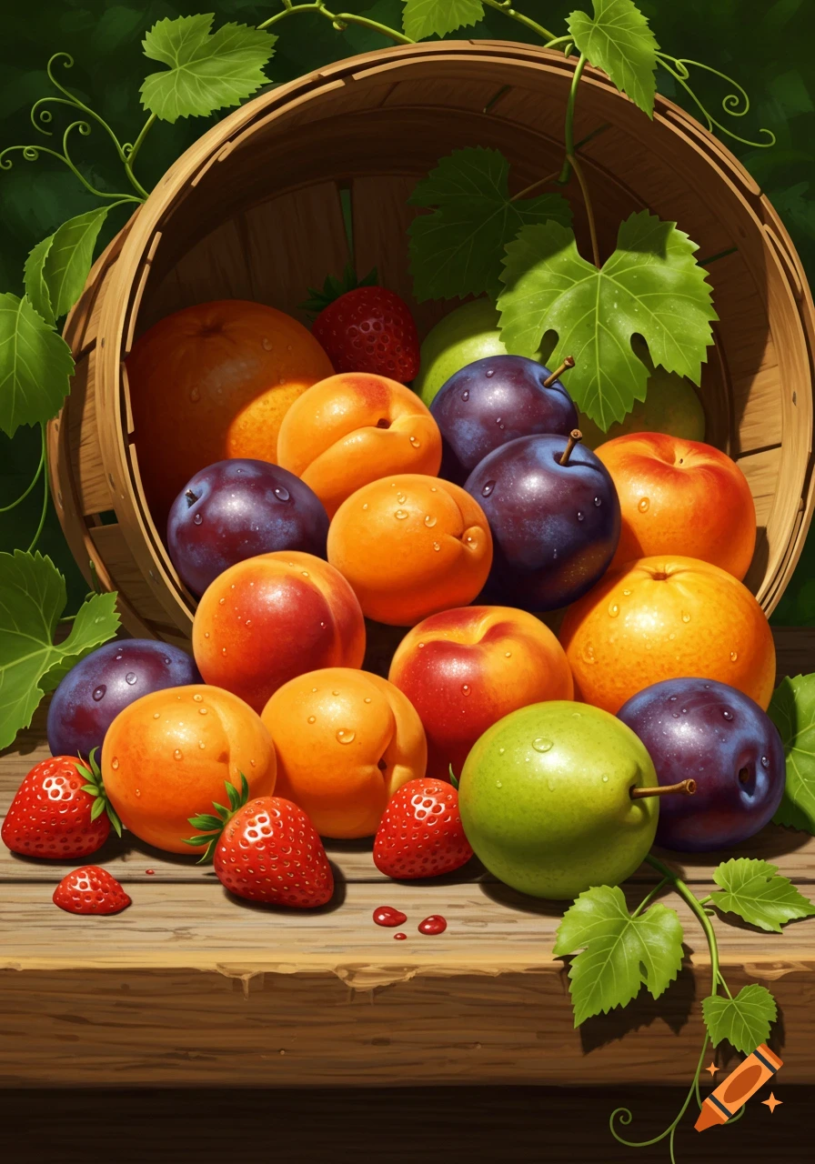 A vibrant still life of fresh apricots, plums, strawberries, and a pear spilling out of a wooden basket onto a table.