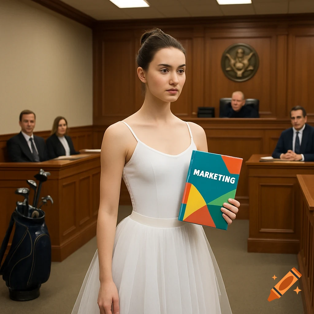 A ballerina in a white dress stands in a courtroom, holding a book titled 'MARKETING', with golf clubs in the background.