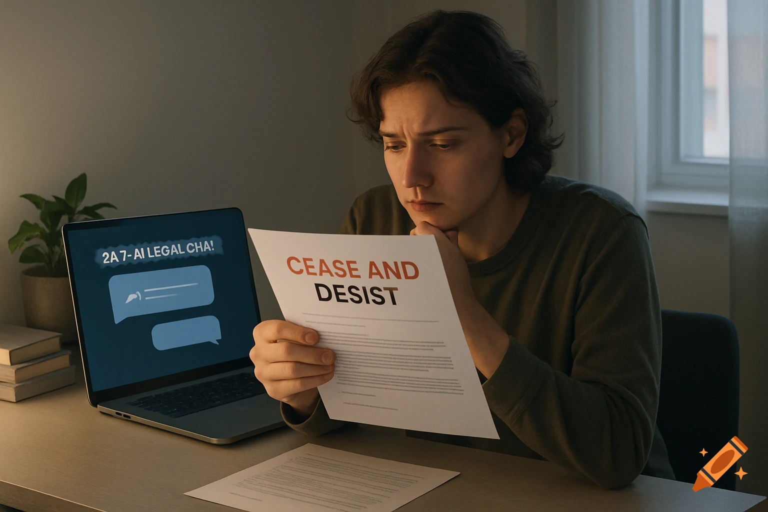 A worried young adult sits at a desk, reading a "CEASE AND DESIST" letter with an "AI legal chat" on their laptop.