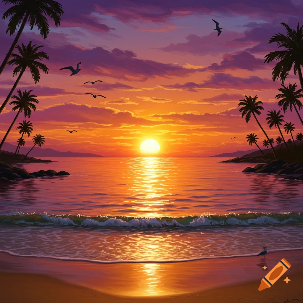 A vibrant tropical beach sunset with palm trees silhouetted against an orange, pink, and purple sky. The setting sun reflects on the calm ocean waves.