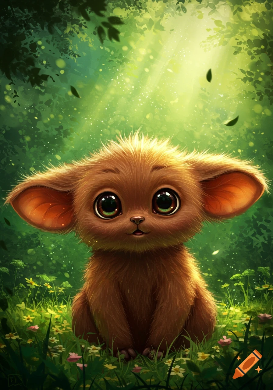 A cute, fluffy brown fantasy creature with large eyes and big ears sits in a vibrant, sunlit green forest among tiny flowers. Illustration.