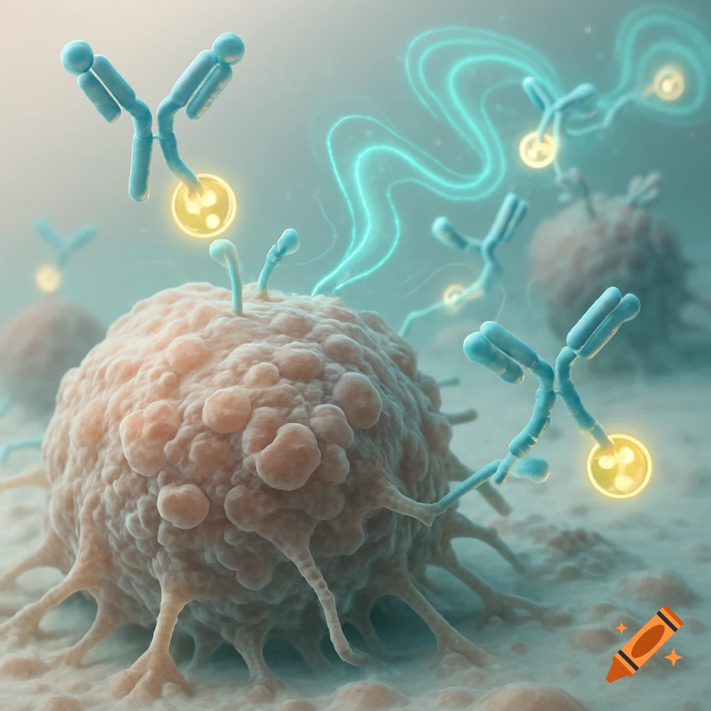 Digital biomedical illustration of blue antibodies with glowing yellow payloads interacting with a large, textured cancer cell.
