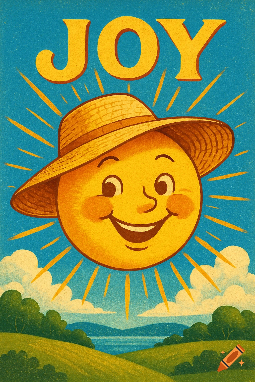 A retro-style illustration of a cheerful sun wearing a straw hat over a green landscape with water and hills under a blue sky, with the word 'JOY' at the top.