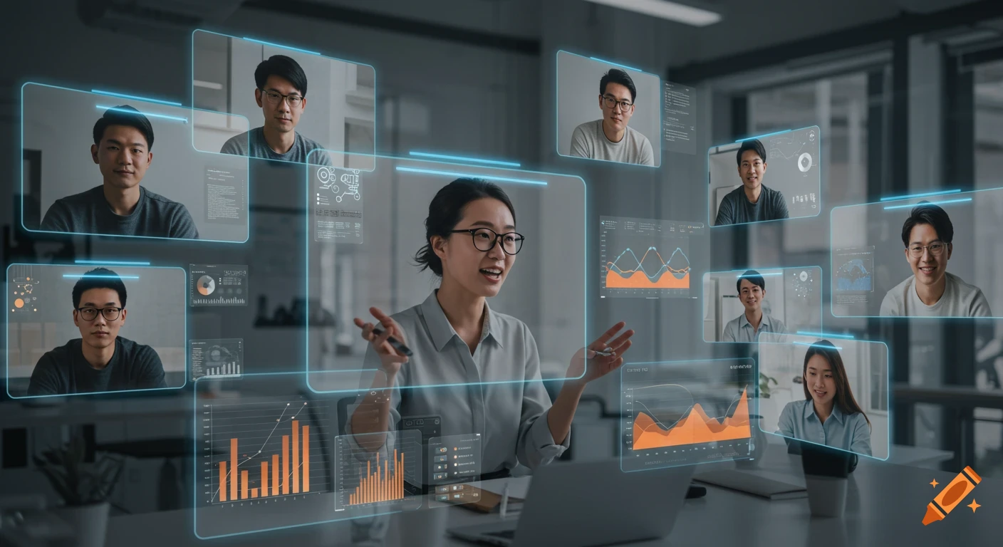 Photorealistic image of a woman leading a video conference, surrounded by holographic screens showing diverse participants and data.