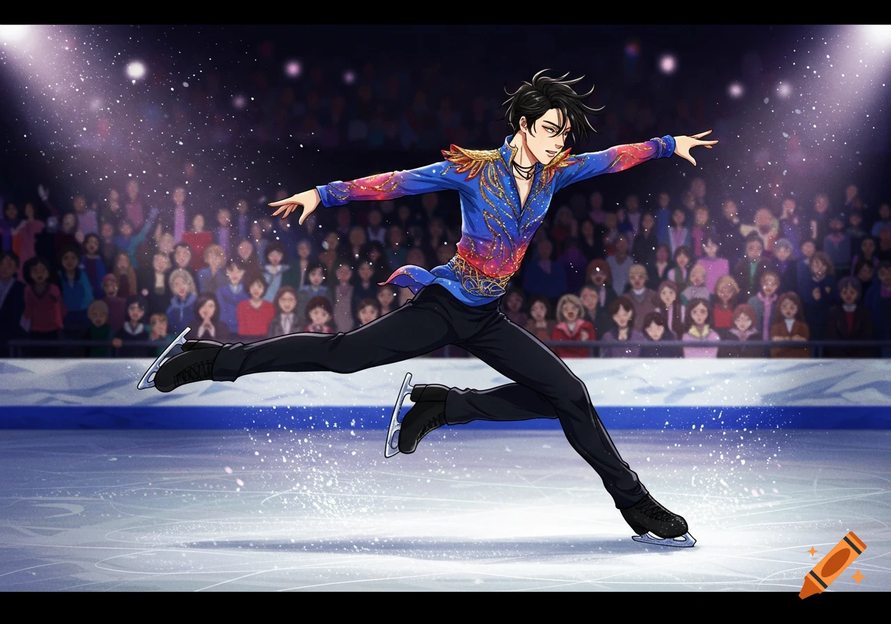 Dynamic male figure skater with dark hair performs on an ice rink, wearing a vibrant costume in a colorful manga art style.
