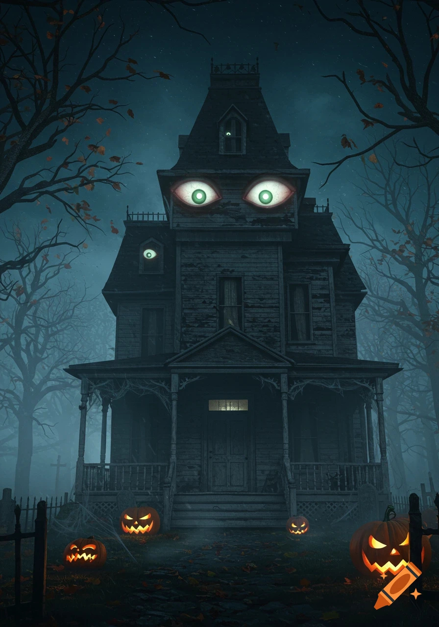 Ultra-realistic spooky haunted house with glowing green eyes and jack-o'-lanterns in a misty, dark forest on Halloween night.