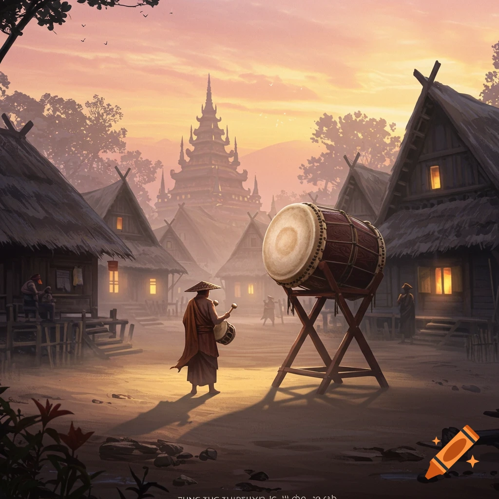 A stylized illustration of a person playing a drum in a traditional village at sunset, with a large temple and drum.