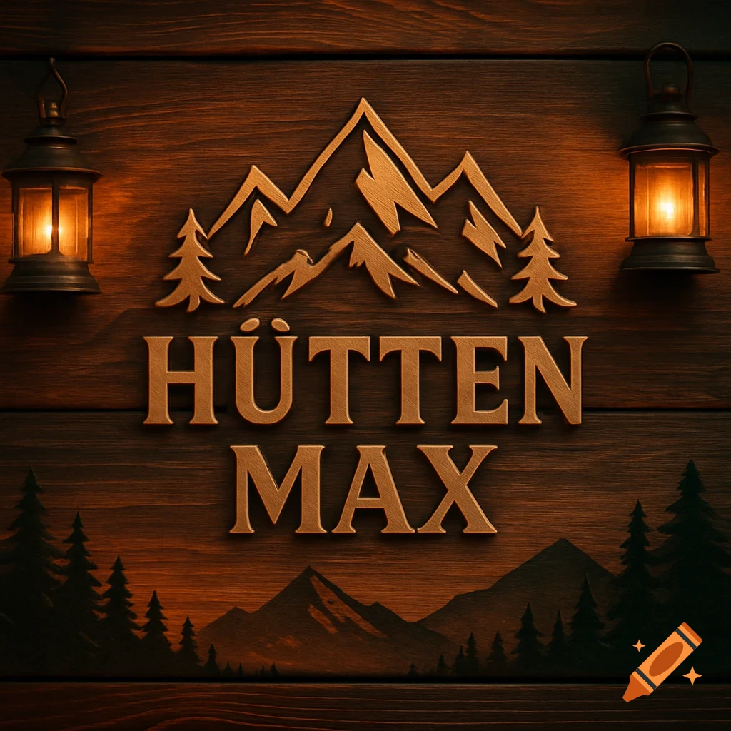 A rustic wooden sign with a gold 'HÜTTEN MAX' logo featuring mountains and trees, illuminated by two lanterns.
