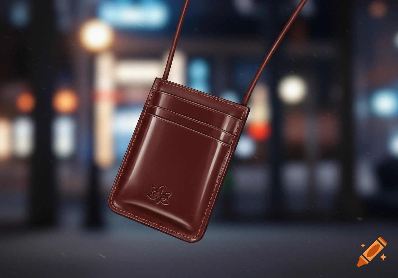 A glossy, dark brown leather card holder with a stylized emblem and strap, against a blurred city night with bokeh lights.