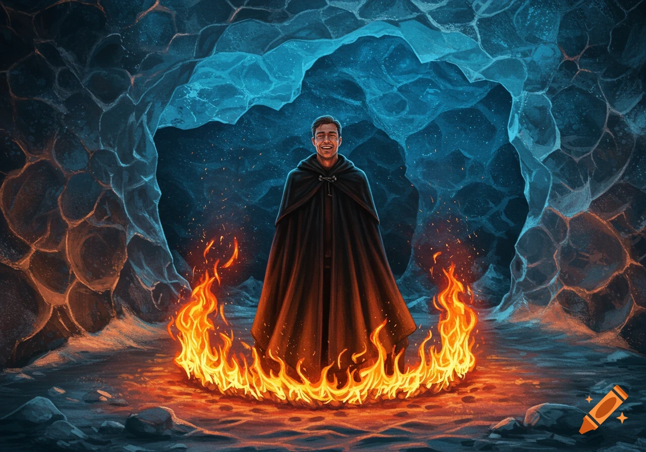 A man in a black cloak stands smiling in a circle of fire inside a blue ice cave, rendered in a realistic drawing style.