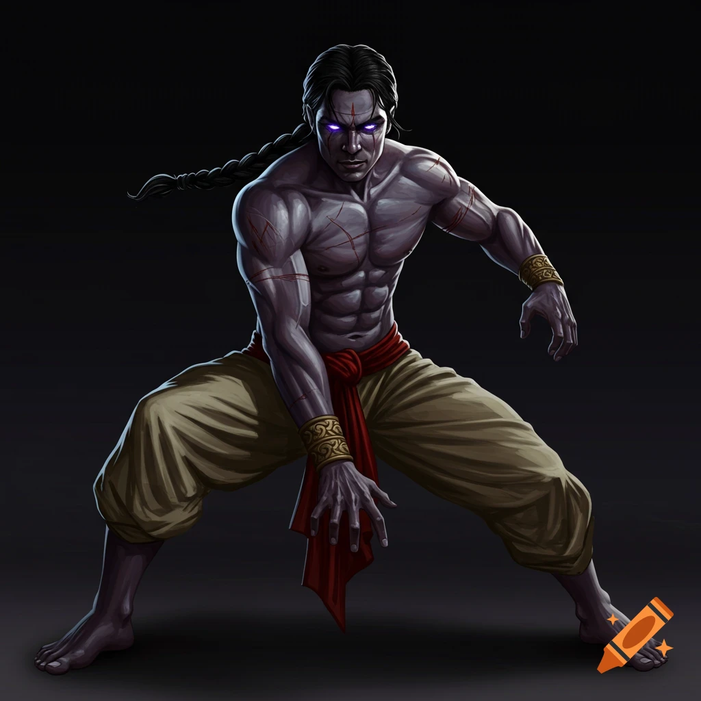 Muscular, shirtless man with dark skin, glowing purple eyes, and scars, in a martial arts stance, wearing baggy pants and armbands.