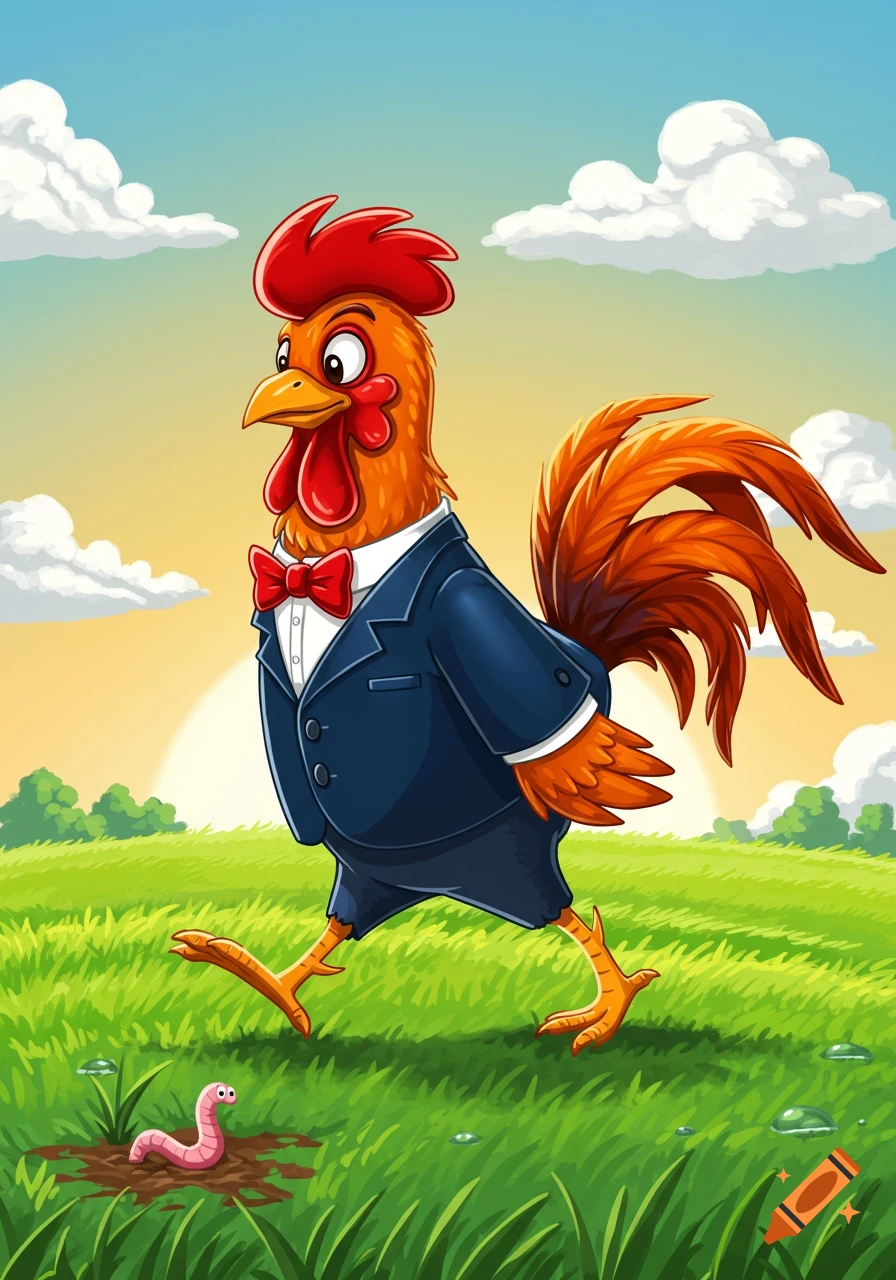 A cartoon rooster in a blue suit and red bow tie walks in a grassy field at sunrise, looking at a pink worm emerging from the ground.