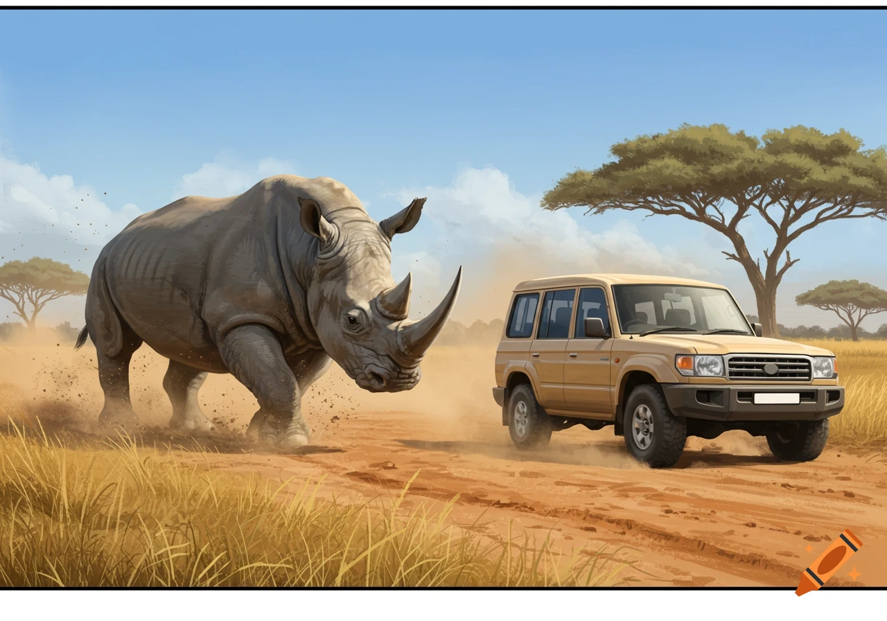 An illustration of a rhinoceros charging a beige Land Cruiser on a dusty safari road with acacia trees under a blue sky.