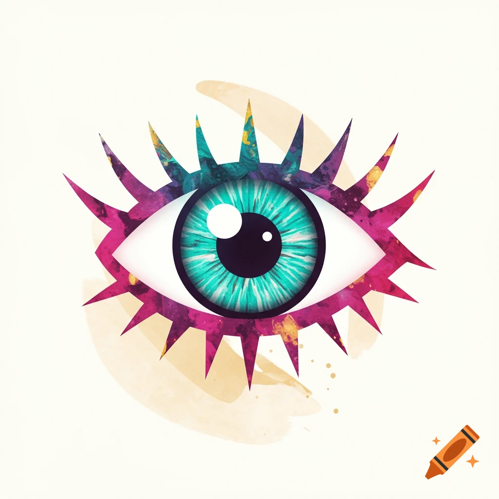 A vibrant, stylized eye logo with a teal iris, black pupil, and magenta, purple, and gold spiky lashes against a light background.