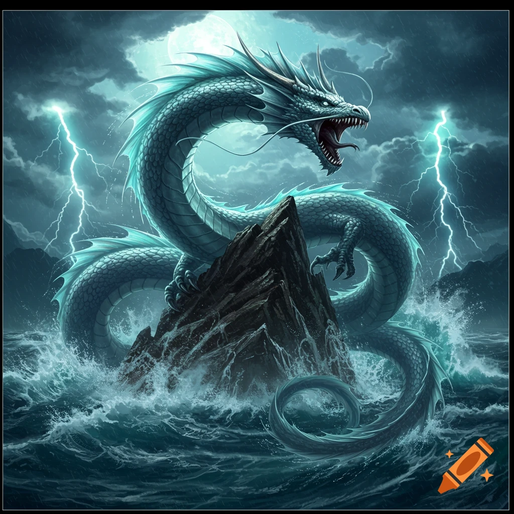 A majestic turquoise water dragon with glowing eyes roaring amidst a stormy sea with lightning and a full moon.