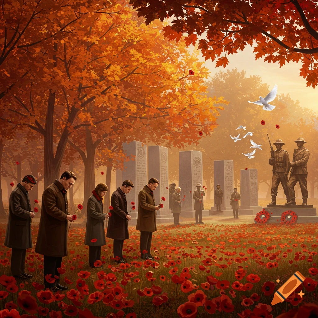 People gather in a vibrant autumn forest with orange leaves, placing poppies on a field of red flowers near stone memorials and soldier statues, with white doves flying above.