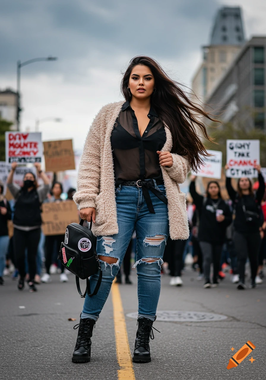 A photorealistic image of a curvy brunette with long, flowy hair wearing a fuzzy sweater, sheer black blouse, ripped jeans, and black boots, holding a backpack while protesting on a city street.