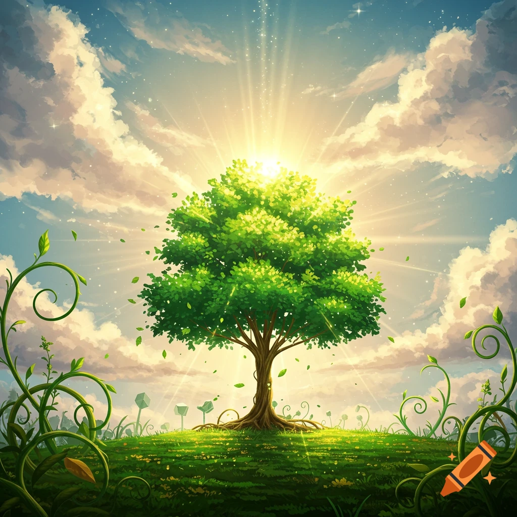 A vibrant green tree on a grassy hill under a bright, sparkling sky with sun rays and fluffy clouds. Lush nature illustration.