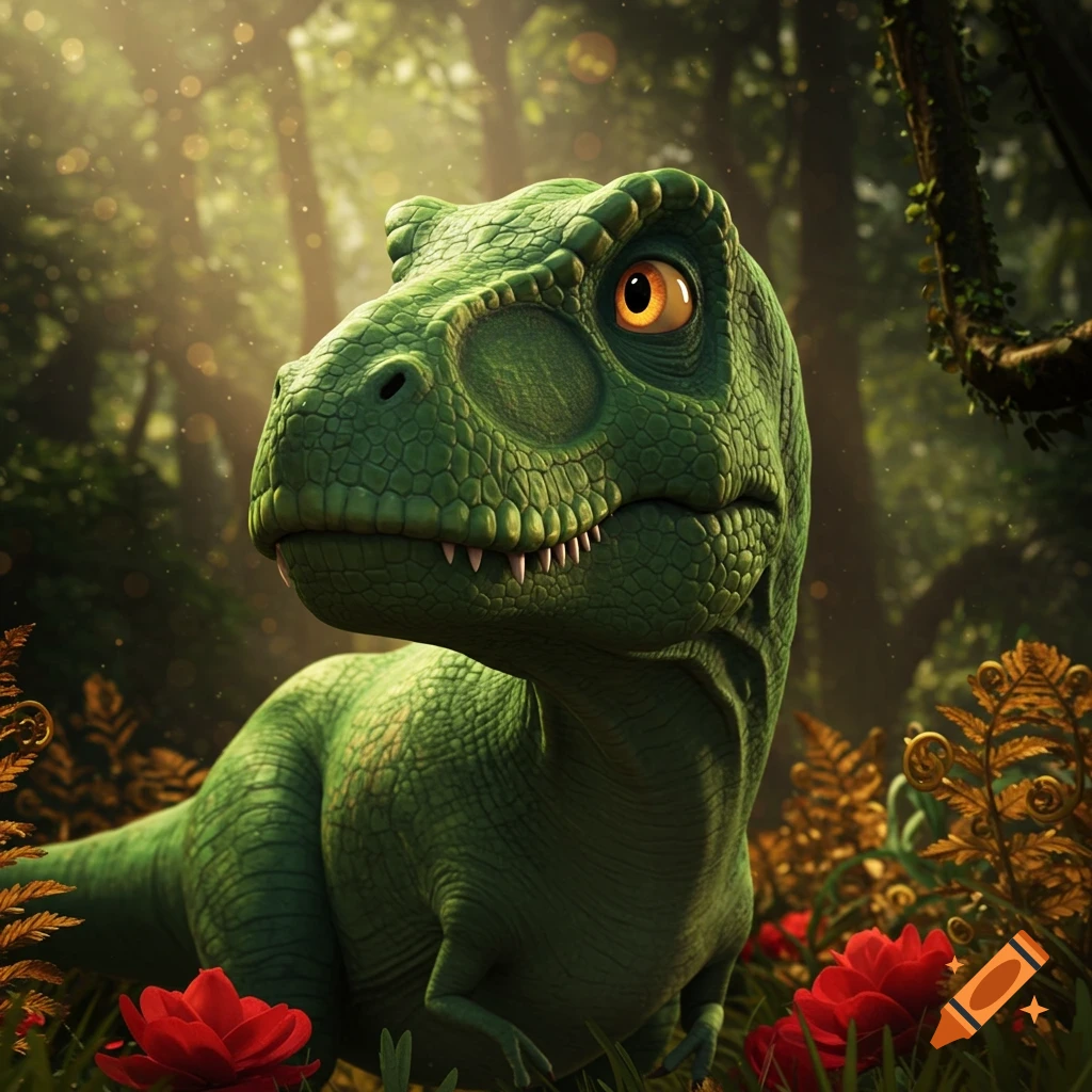 A cute, green cartoon T-Rex with large orange eyes looks endearing in a sun-dappled jungle with red flowers and ferns.