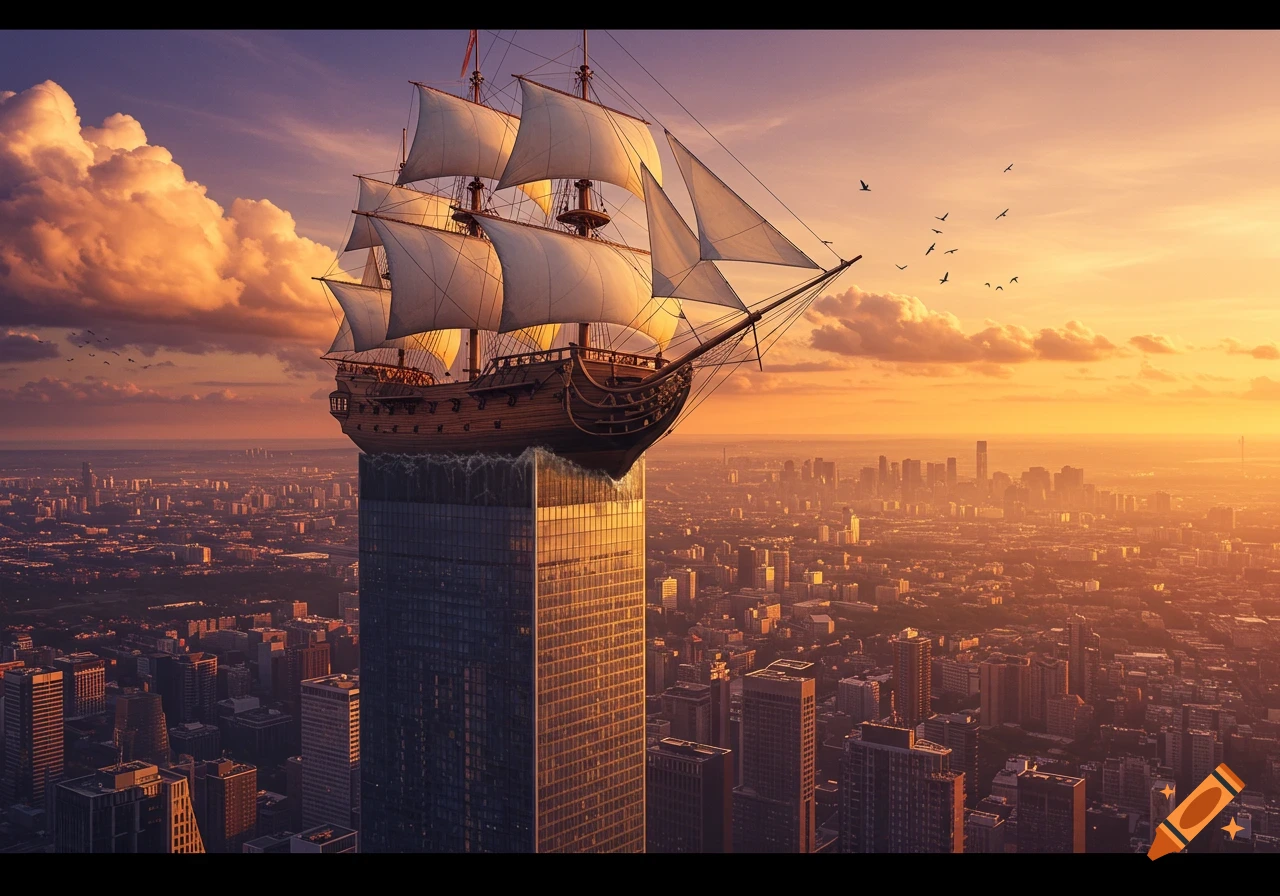 A large sailing ship rests atop a modern skyscraper in a vast city at sunset, with birds flying in the sky.