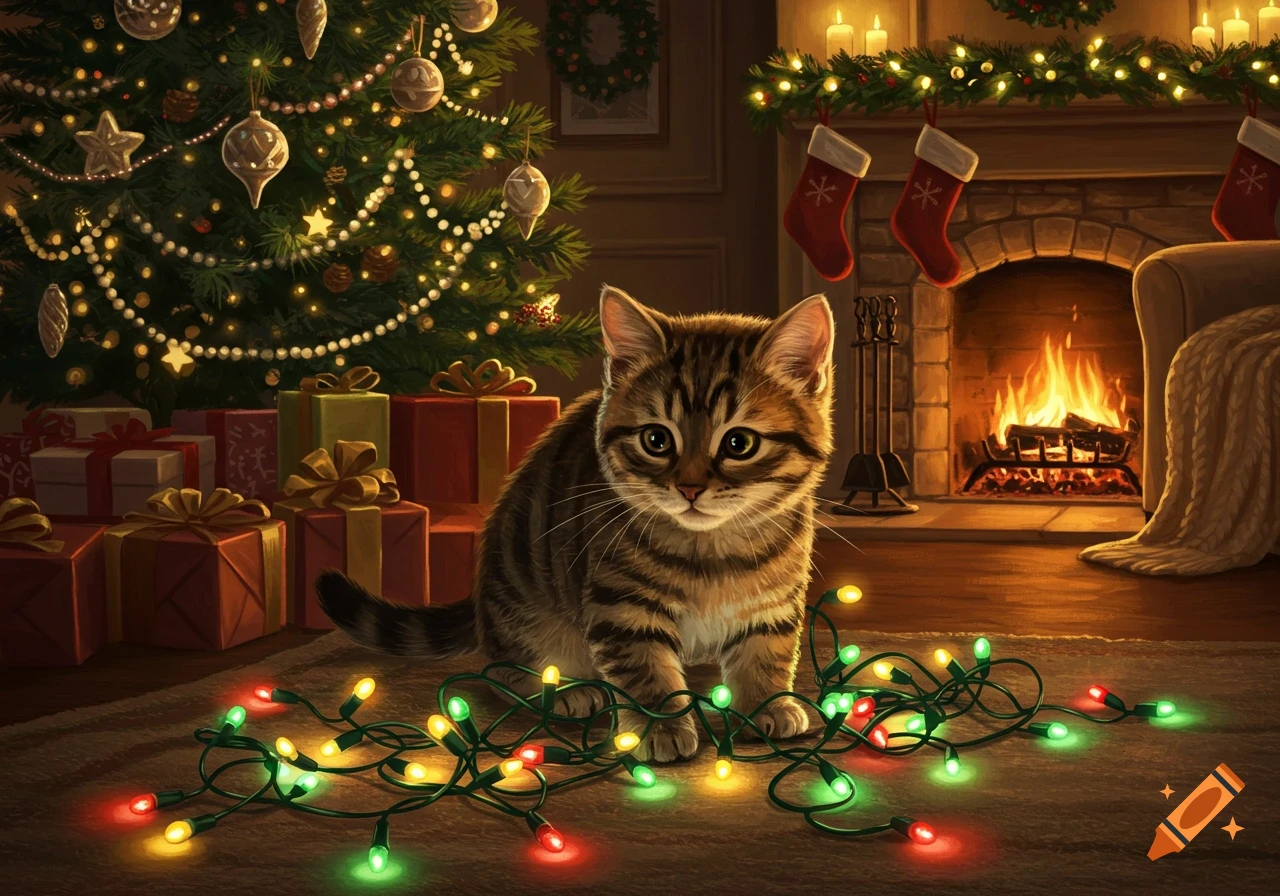 A cute tabby cat sits on a rug amidst tangled Christmas lights, with a decorated Christmas tree and a cozy fireplace in the background.
