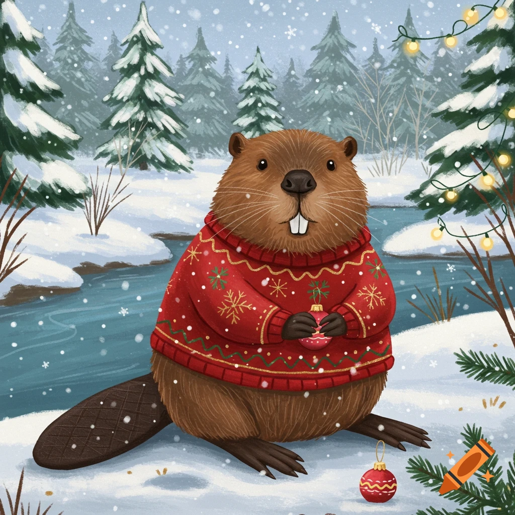 A cute illustrated beaver in a red Christmas sweater holds an ornament in a snowy winter forest.
