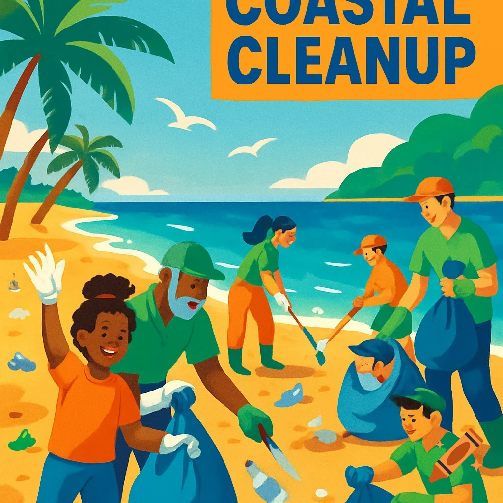 Vibrant illustration of diverse volunteers cleaning a sunny beach, collecting trash into blue bags, with 'COASTAL CLEANUP' text above.