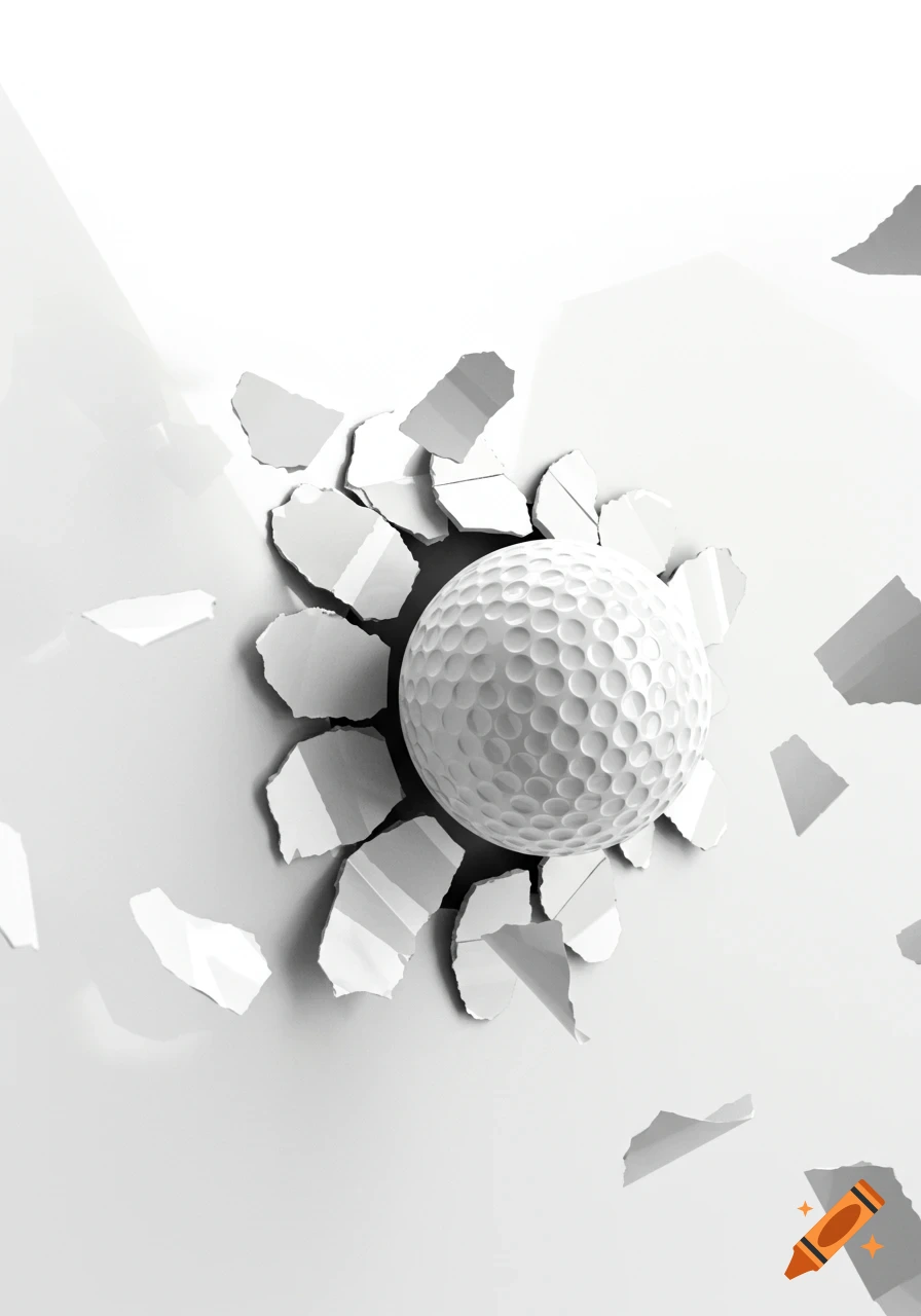 A white golf ball breaks through a white surface, surrounded by shattered fragments in a clean, minimalist style.