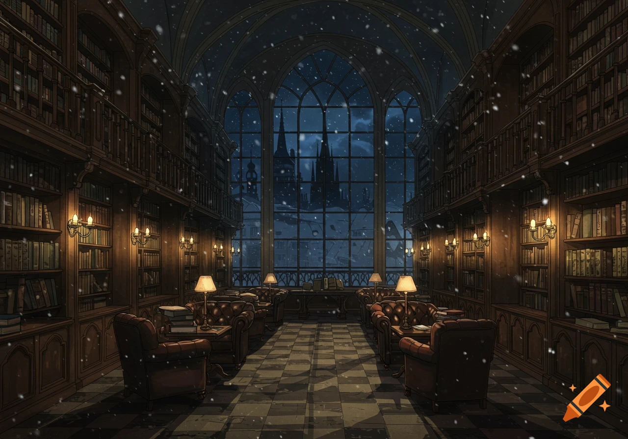 A cozy anime-style library interior at night, with tall bookshelves, leather armchairs, and glowing lamps. Snow falls outside grand gothic windows.